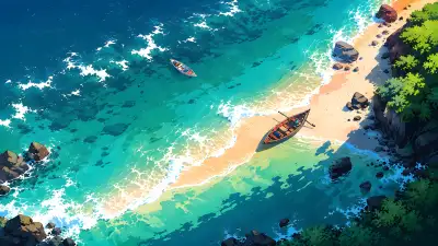 Aerial View of Turquoise Ocean & Sandy Beach with Boats | Tropical Coastline Illustration