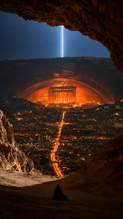 Ancient Desert Temple City Night Sky Beacon Wallpaper