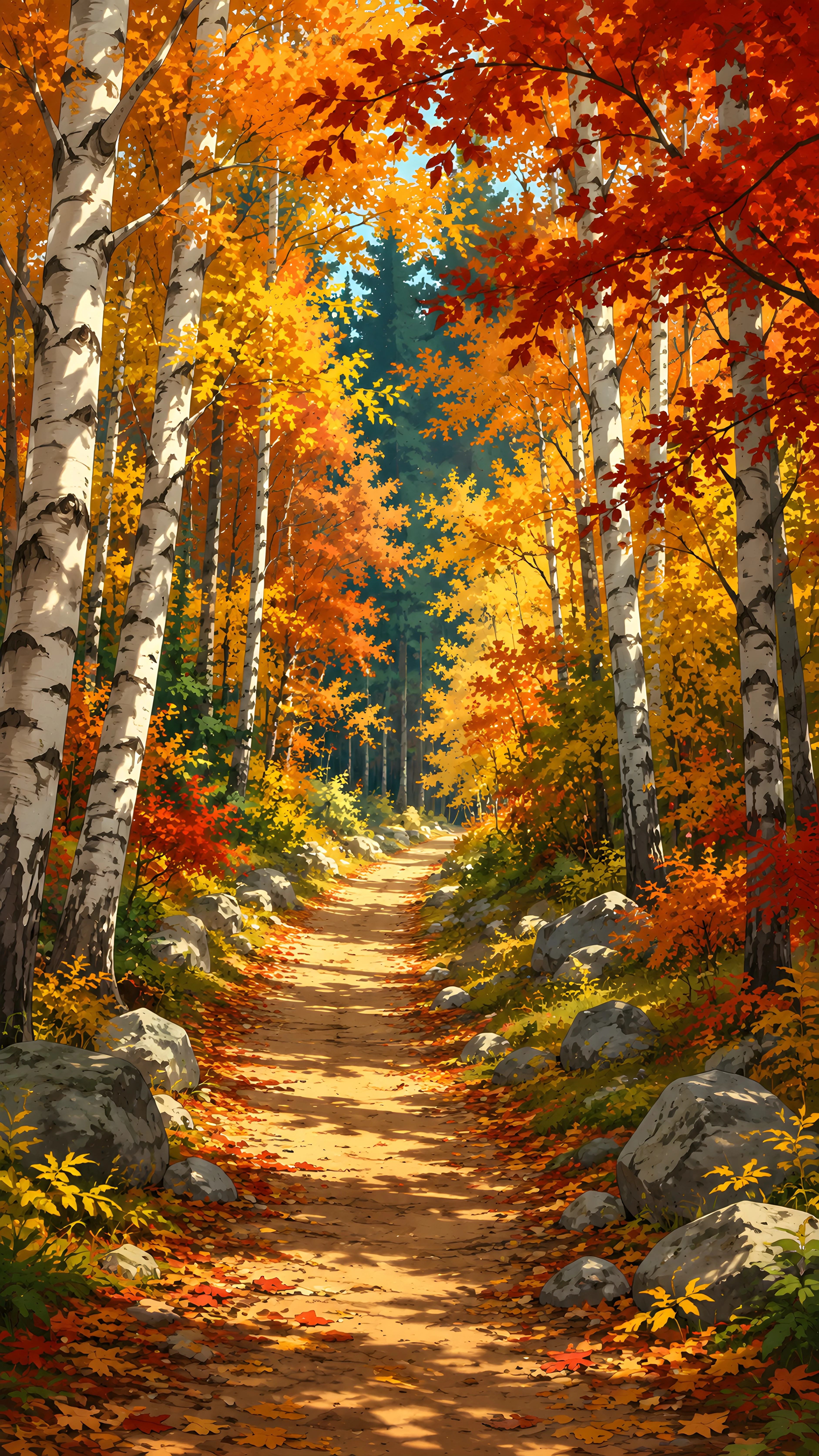 Anime Autumn Forest Path 4K Wallpaper – Birch Trees & Golden Fall Foliage