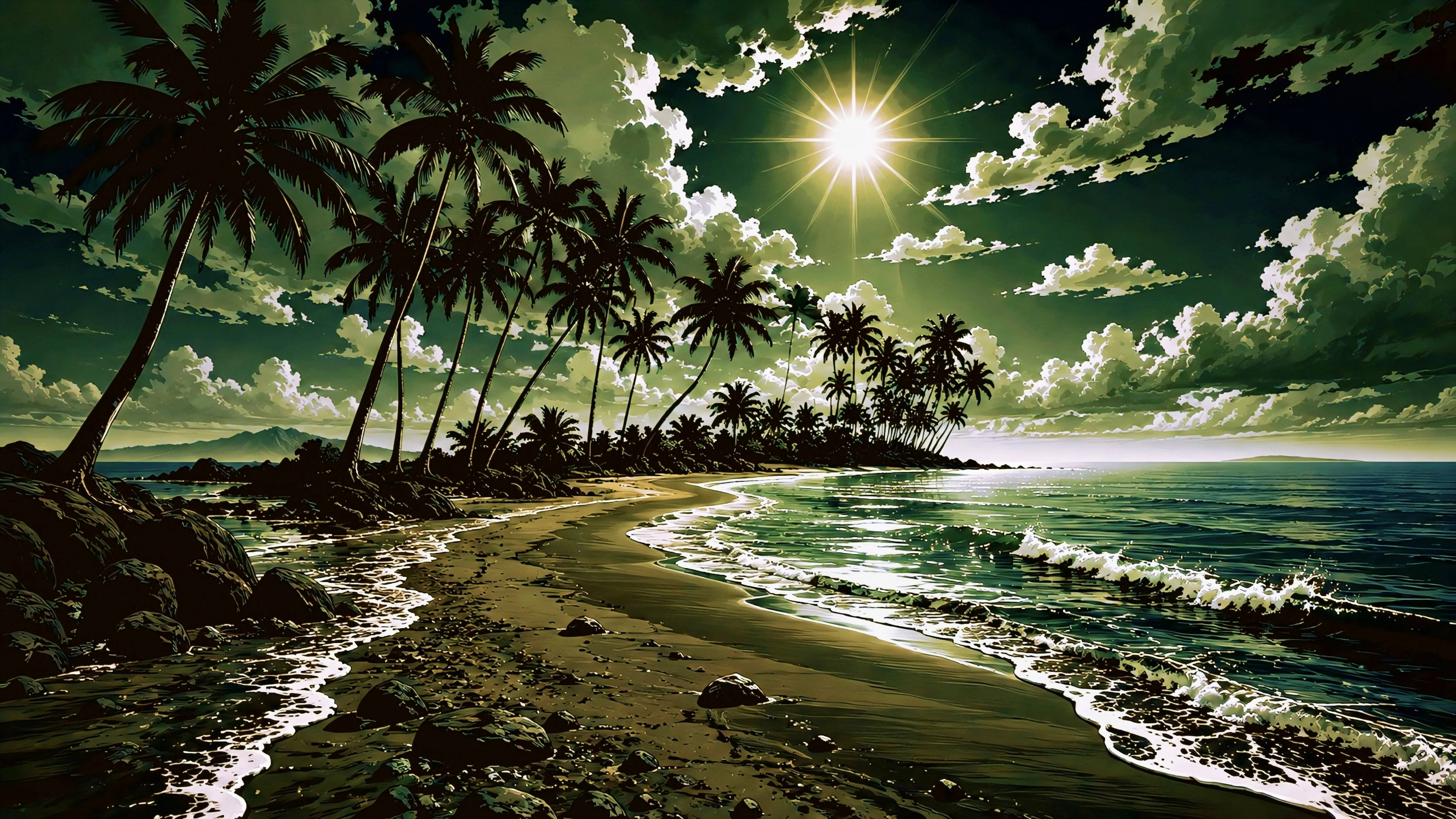 Anime Beach Wallpaper 4K | Tropical Palm Tree Sunlight Ocean Scene 4K Wallpaper — WallNest HD AI