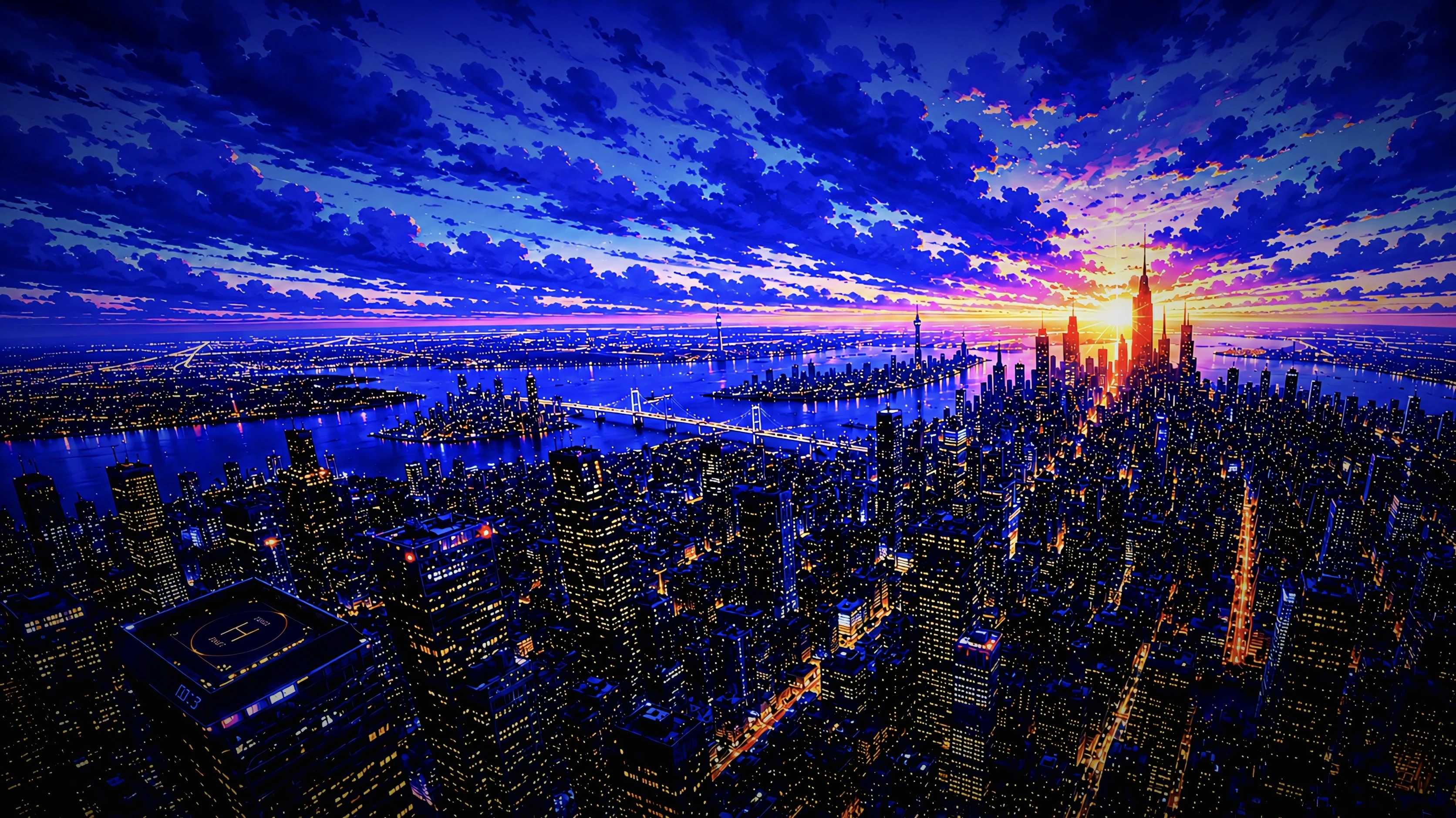 Anime City Sunset 4K Wallpaper — Glowing Skyline Over Ocean 4K Wallpaper — WallNest HD AI