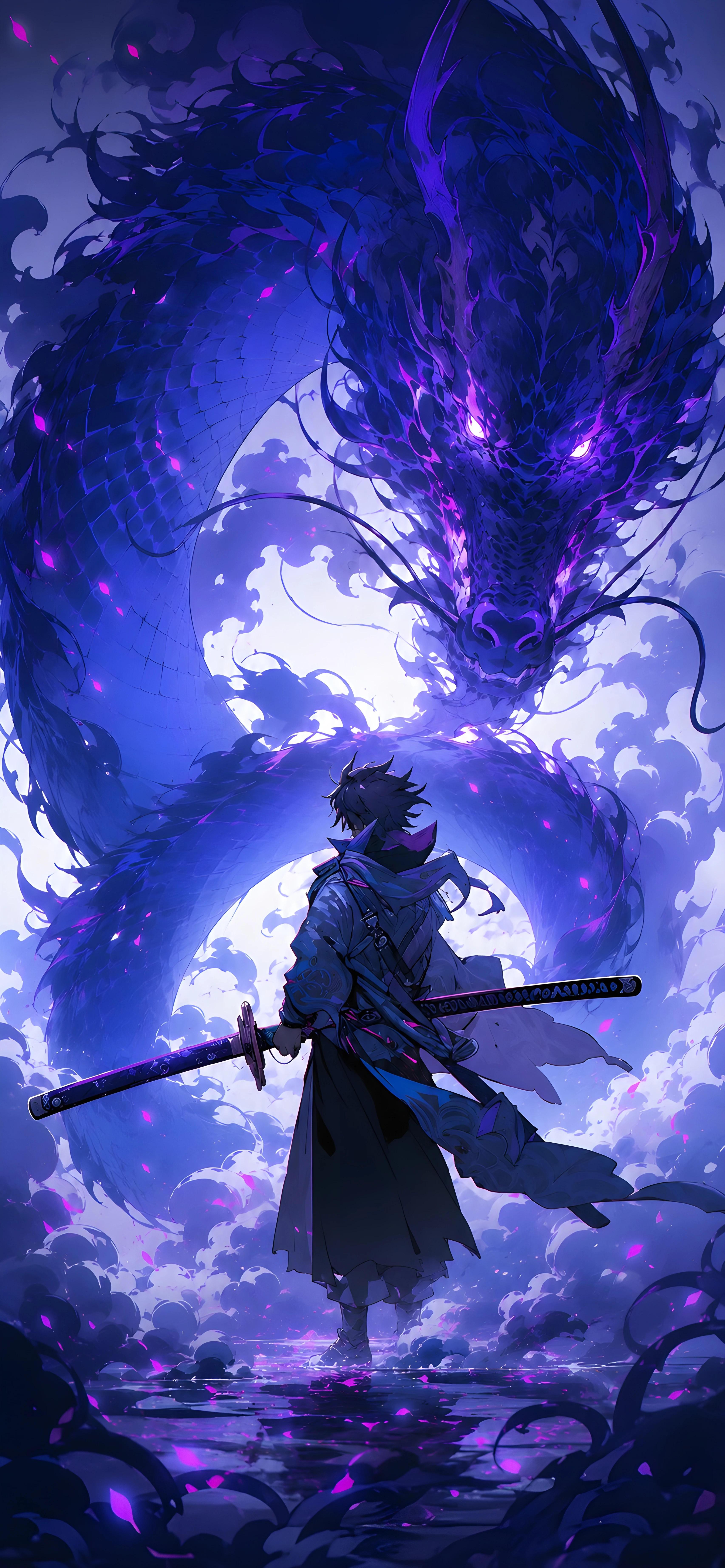 Anime Dark Fantasy 4K Wallpaper – Samurai vs Purple Dragon Moonlight