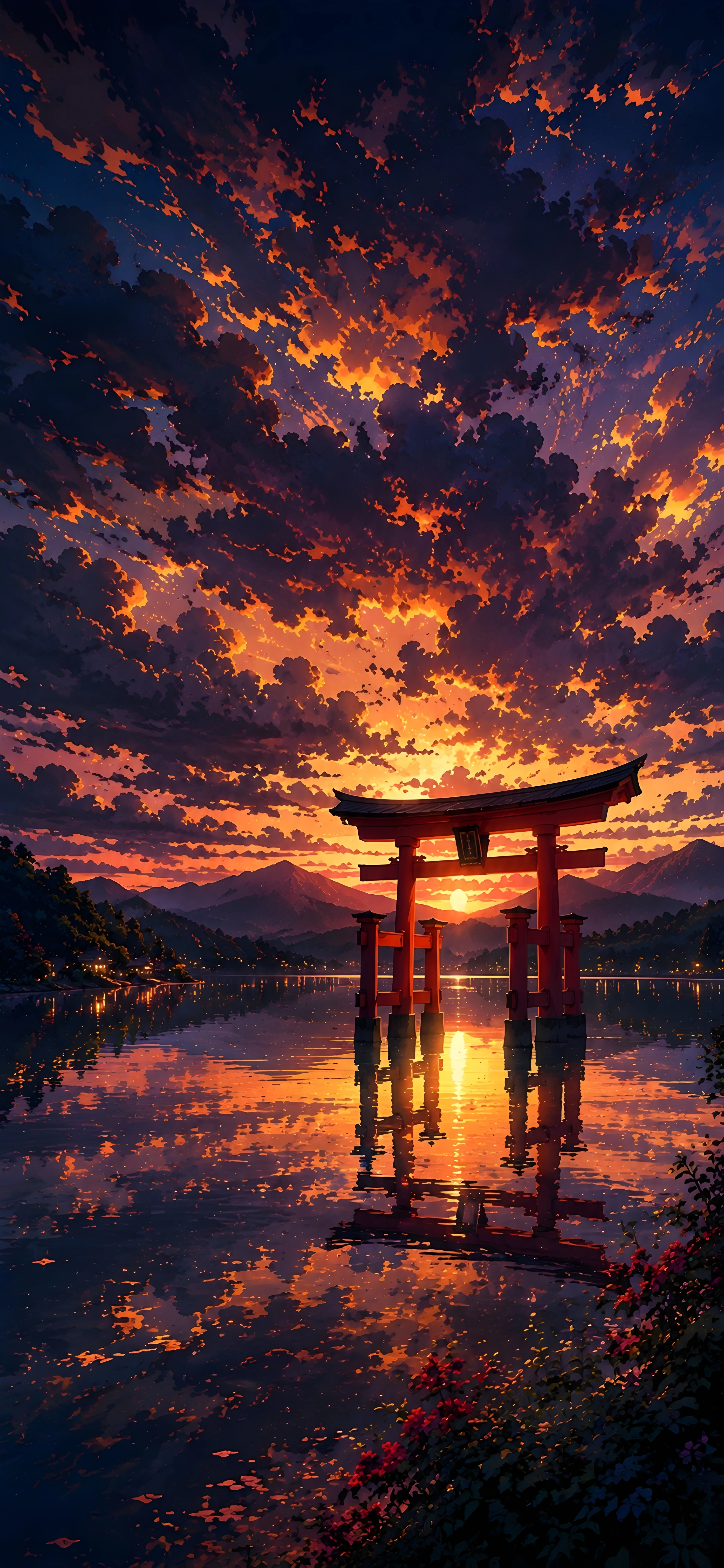 Anime Japanese Torii Gate 4K Wallpaper – Epic Sunset Sky Reflection on Water