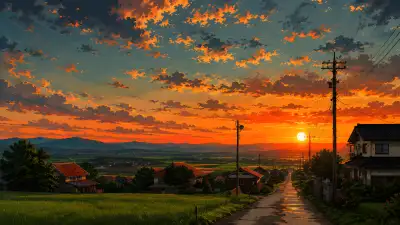 Anime Village Sunset 4K Wallpaper – Japanese Countryside Golden Hour