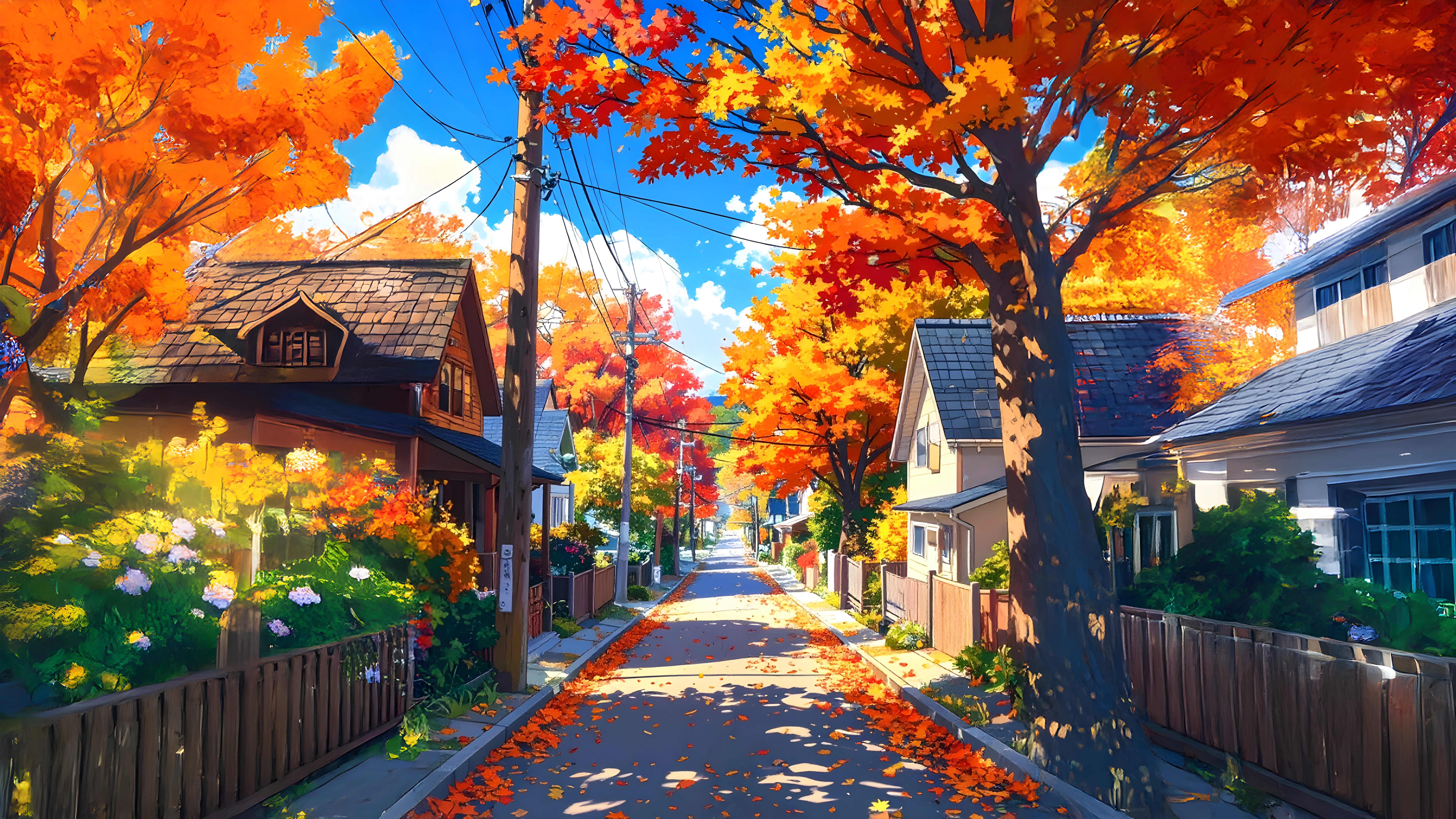 Autumn Anime Street Wallpaper – Cozy Neighborhood Fall Vibes 8K