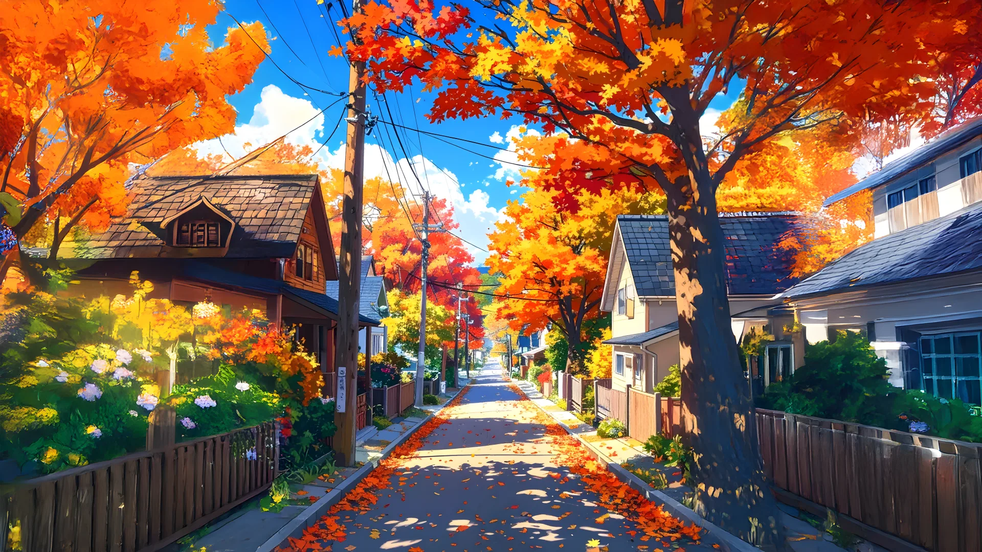 Autumn Anime Street Wallpaper – Cozy Neighborhood Fall Vibes 8K