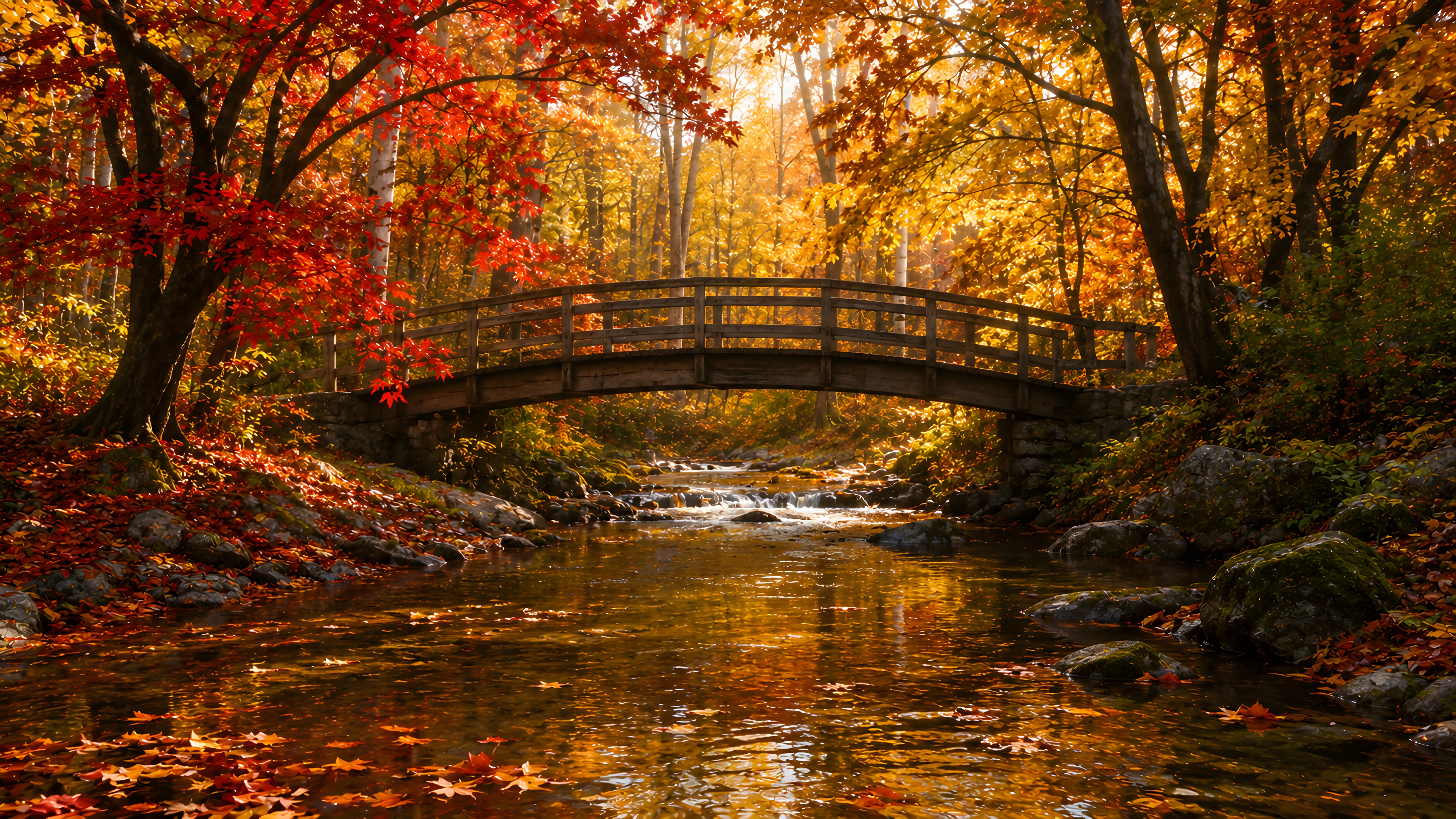 Autumn Forest Bridge Over Stream 4K Wallpaper – Fall Foliage Nature Scenery