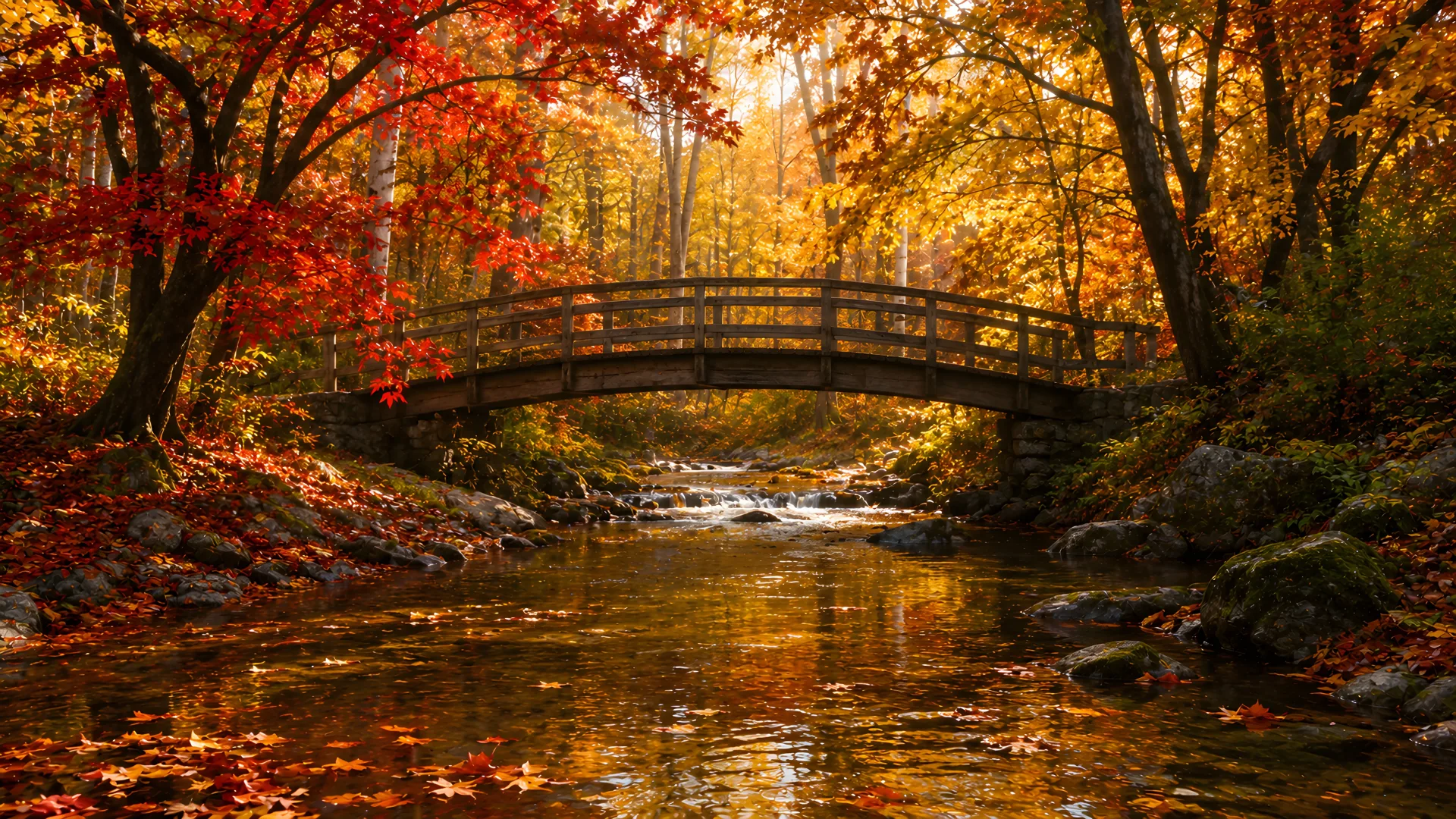 Autumn Forest Bridge Over Stream 4K Wallpaper – Fall Foliage Nature Scenery