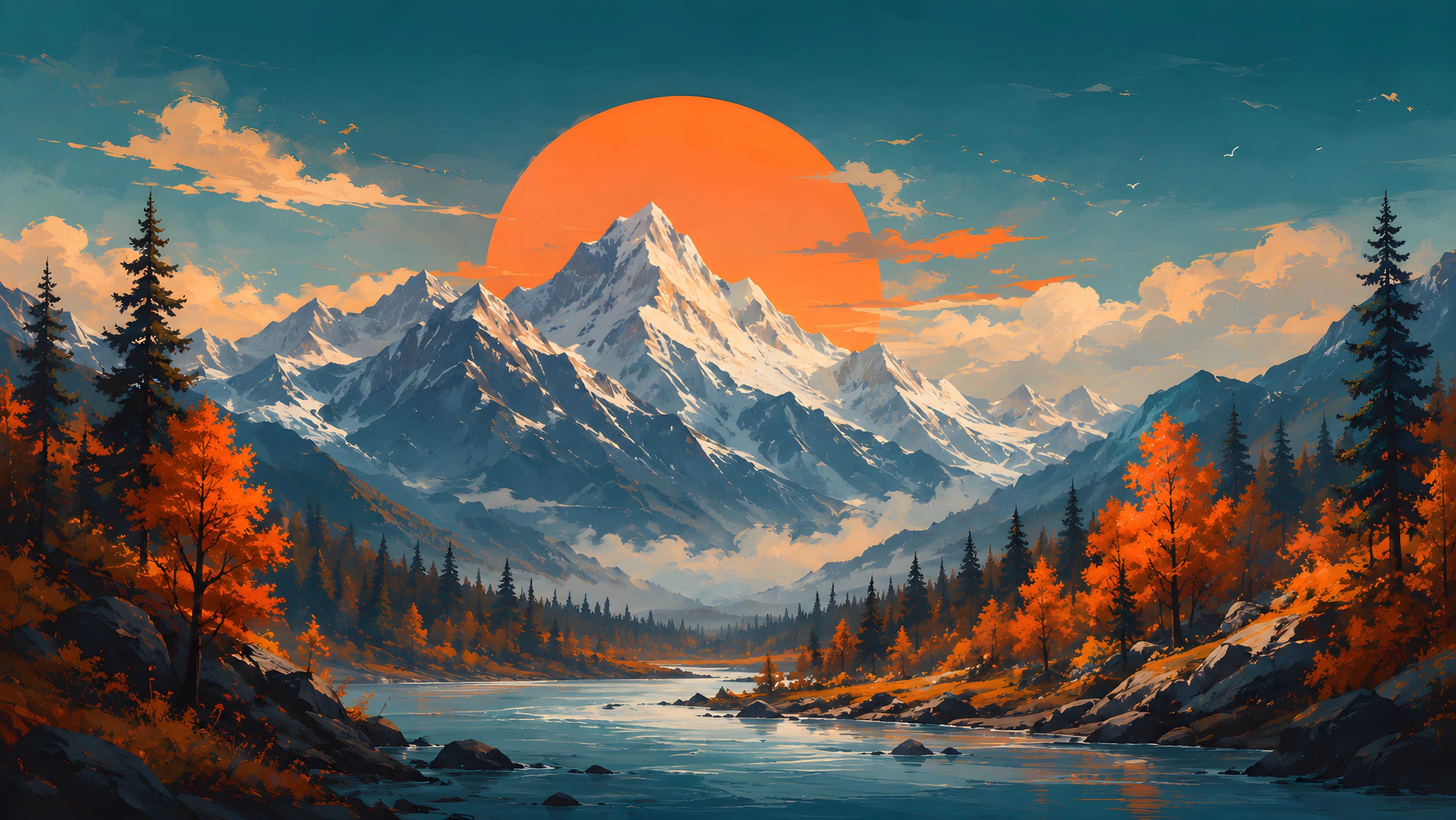 Autumn Mountain Sunset — Orange Forest River 4K Wallpaper
