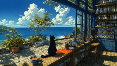 Black Cat by the Sea — Ghibli-Style Coastal Bar 4K Wallpaper