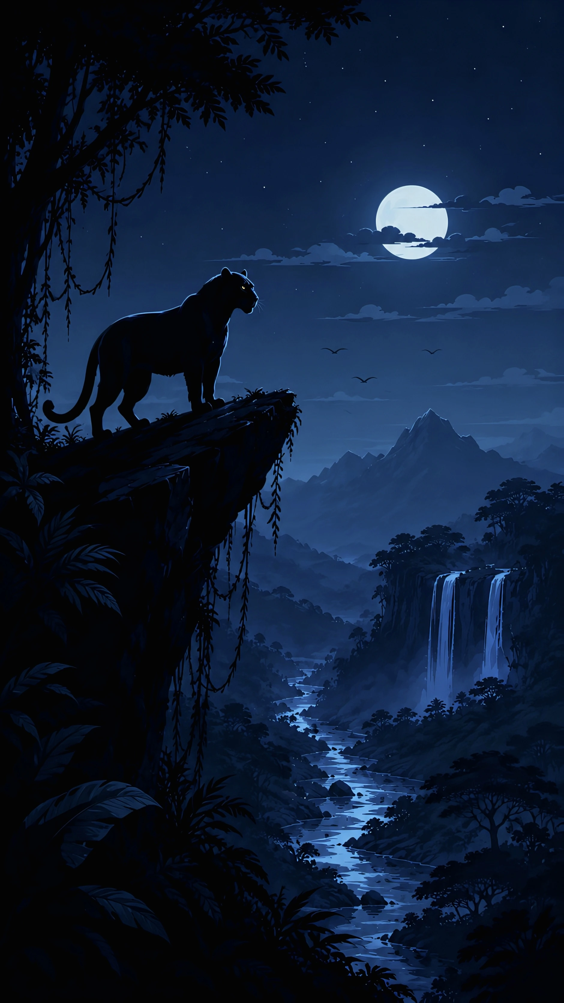 Black Panther Under Full Moon – Mystic Jungle Cliff Wallpaper 4K