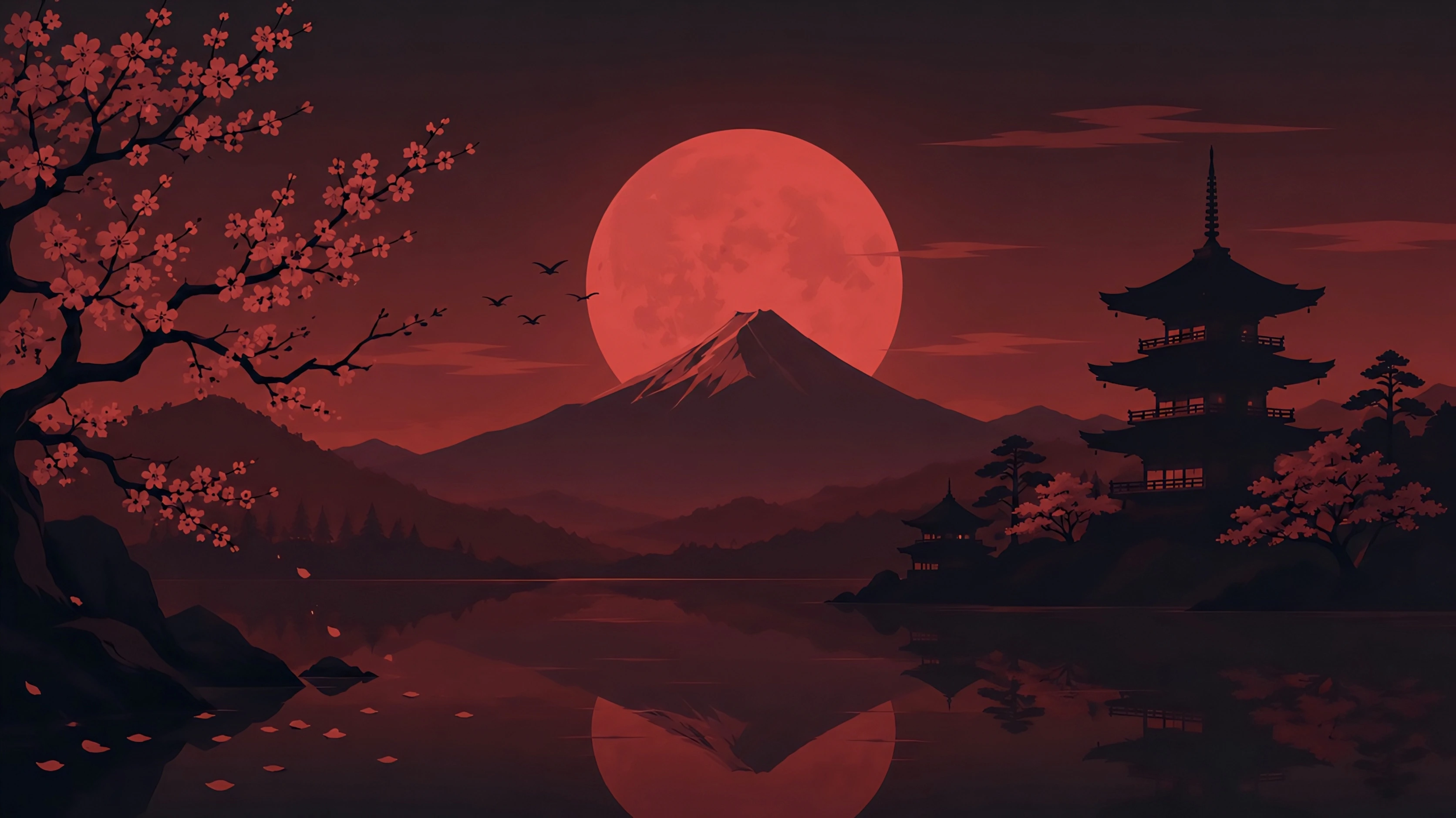 Blood Moon Over Kyoto — Dark Red Japanese Wallpaper 4K