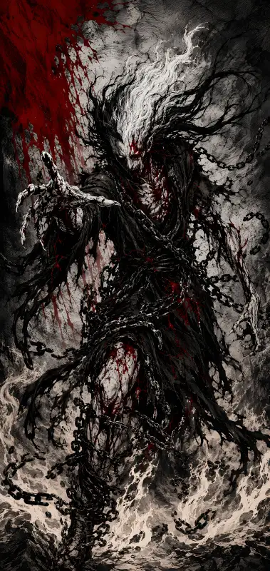 Blood-Soaked Chained Demon 4K Horror Wallpaper