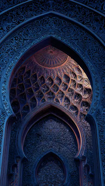 Blue Carved Palace Arch 4K Wallpaper – Indian Architecture Ceiling Detail