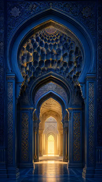 Blue Gold Palace Corridor 4K Wallpaper – Indian Architecture Passage