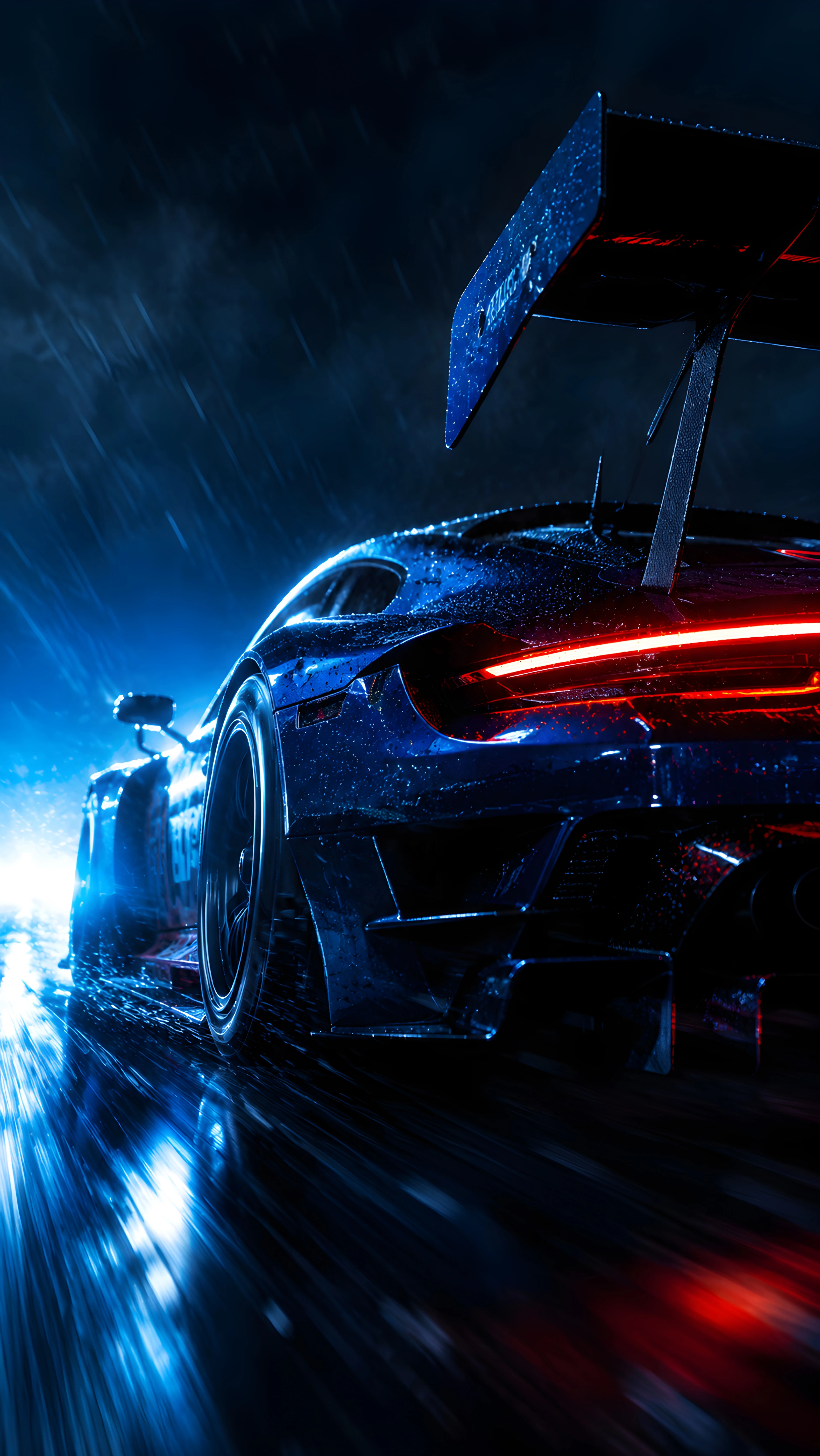 Blue GT Racing Car Rain Night Cinematic Wallpaper 4K