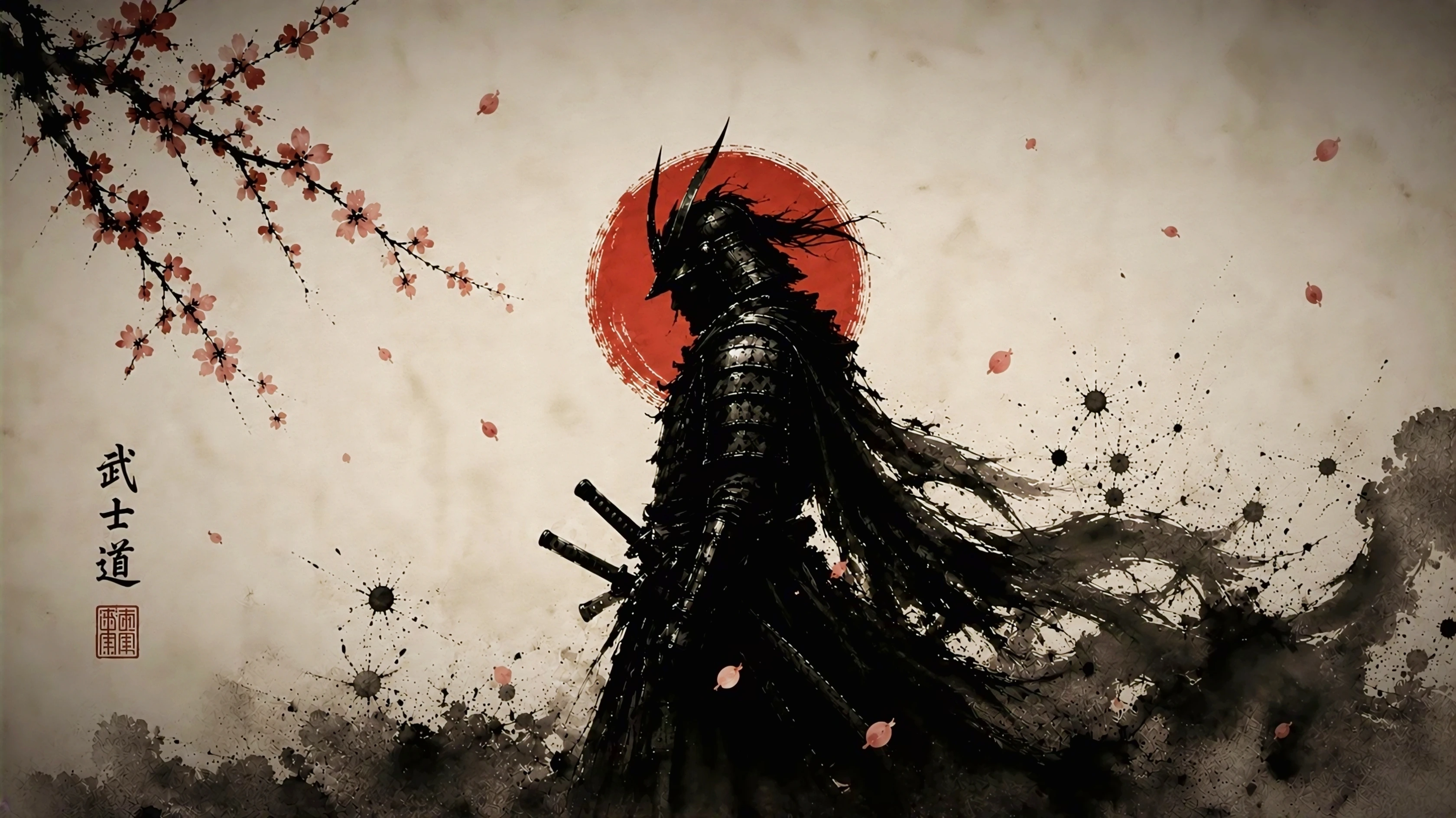 Bushido Samurai Red Sun Ink Art 4K Wallpaper 4K Wallpaper — WallNest HD AI