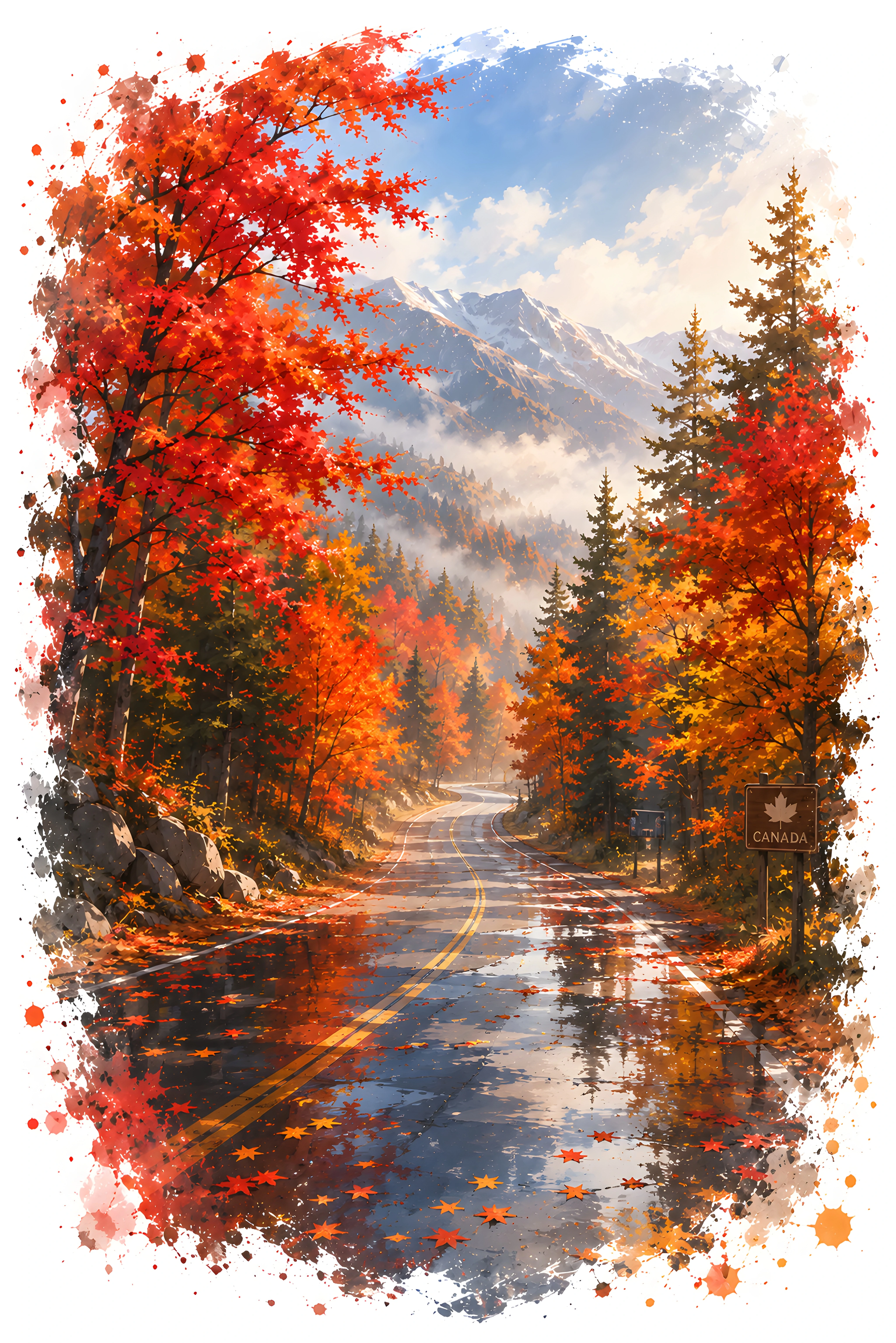 Canada Autumn Forest Highway — Fall Foliage Mountain Road 4K Watercolor Wallpaper