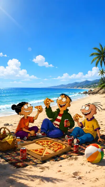 Cartoon Friends Beach Pizza Picnic 4K Wallpaper