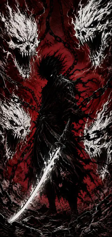 Chained Warrior Surrounded by Flame Skulls 4K Wallpaper