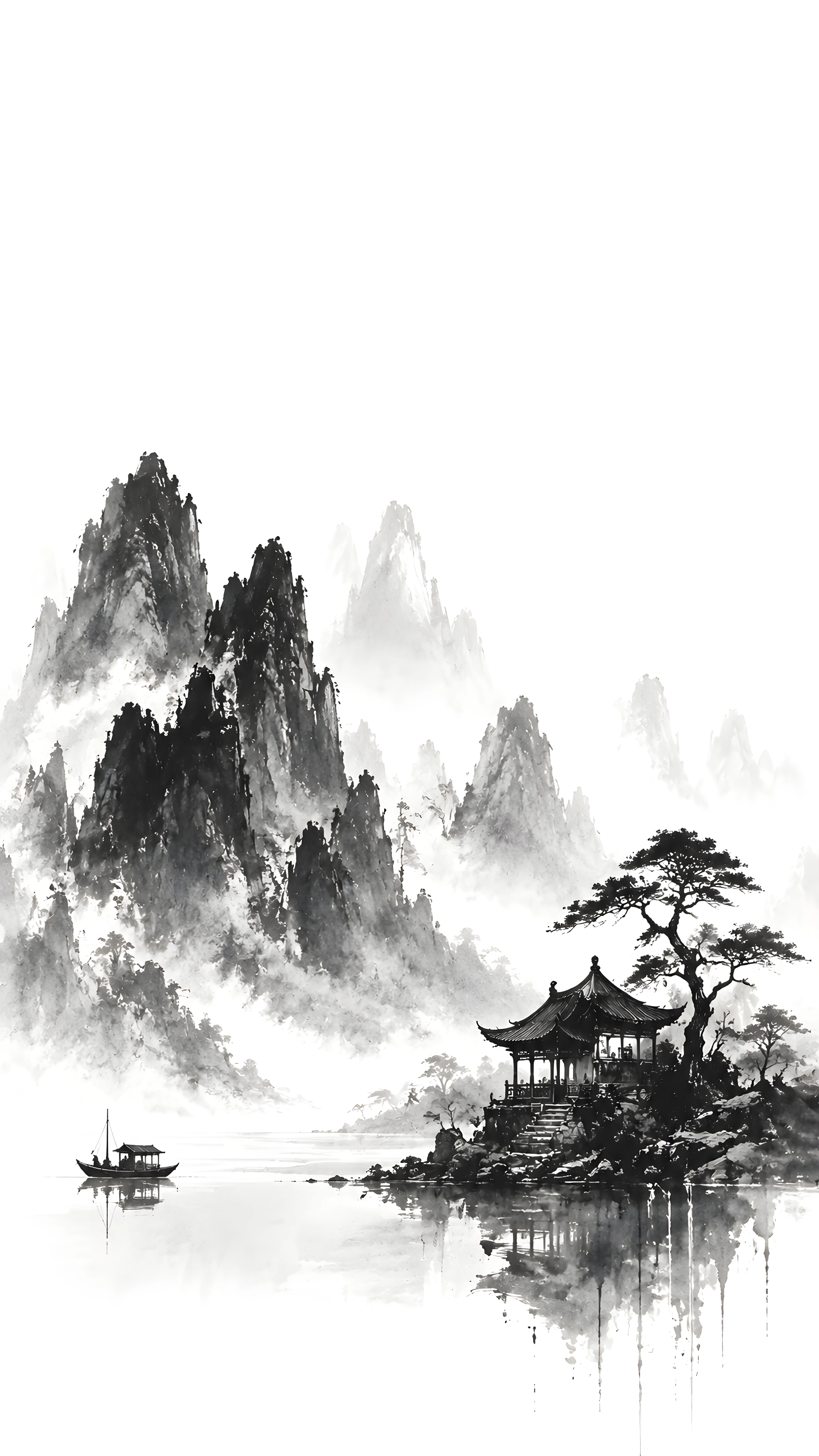Chinese Ink Wash Landscape 4K Wallpaper – Misty Mountains Pagoda River Art