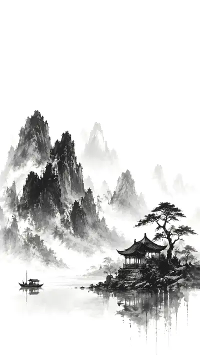 Chinese Ink Wash Landscape 4K Wallpaper – Misty Mountains Pagoda River Art