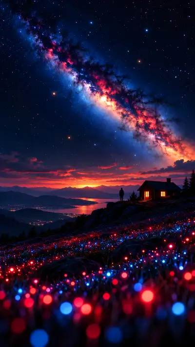 Cosmic Cabin Under the Milky Way – Starry Night Phone Wallpaper 4K