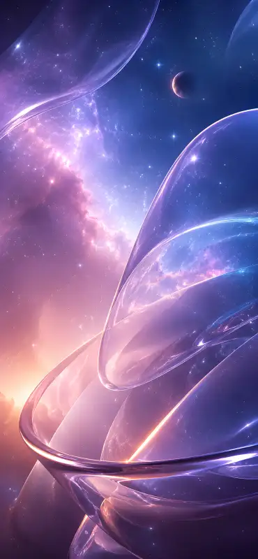Cosmic Glass 4K Wallpaper – iOS 27 Style Galaxy Wave with Planet