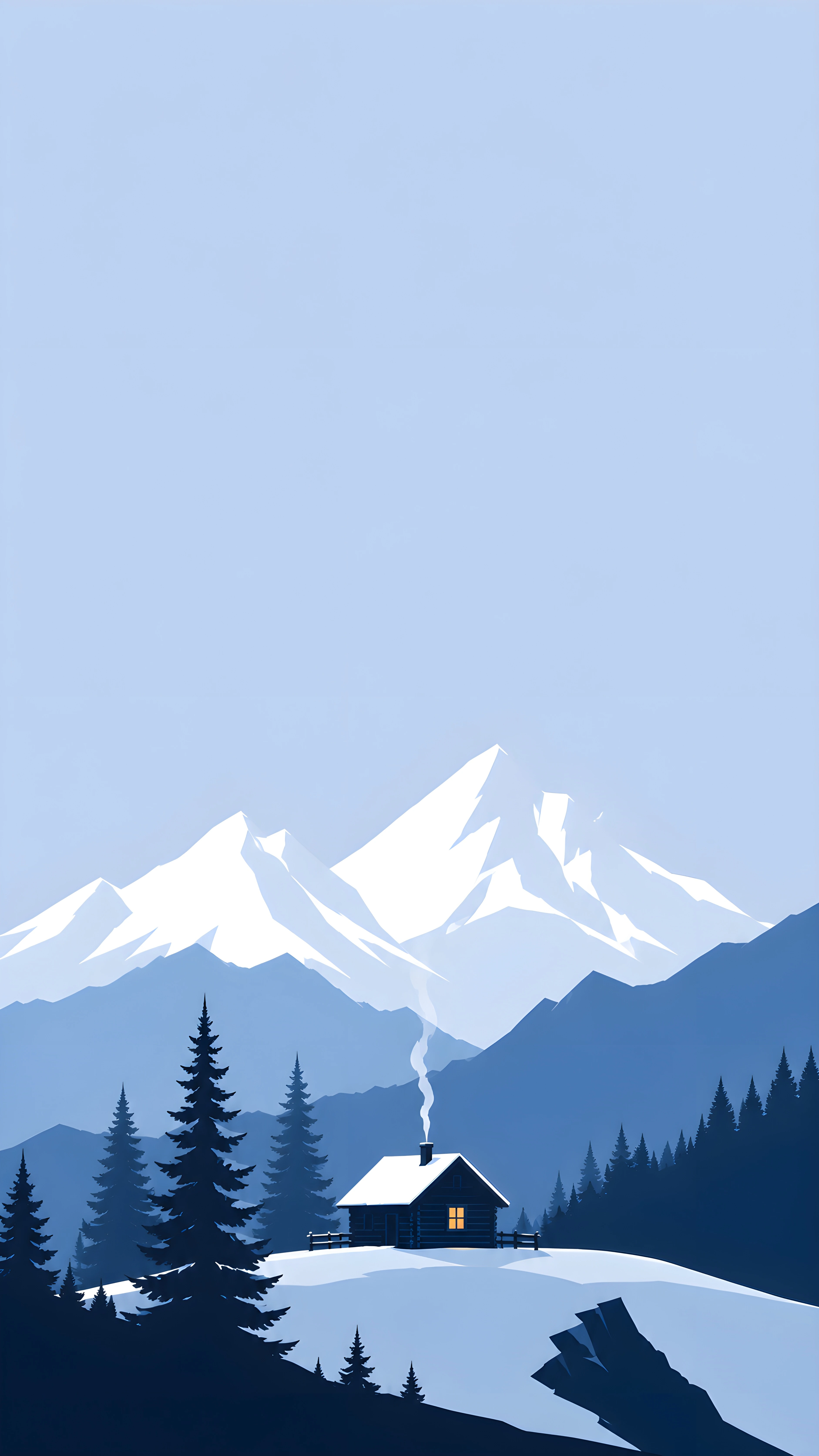 Cozy Winter Cabin in Snowy Mountains – Flat Minimal 4K Wallpaper
