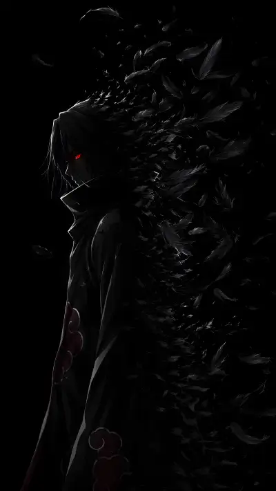 Crow Feather Dissolve 4K Wallpaper – Itachi Uchiha Monochrome Silhouette