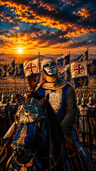 Crusader Knight Sunset Wallpaper – Masked Warrior Army 4K Art