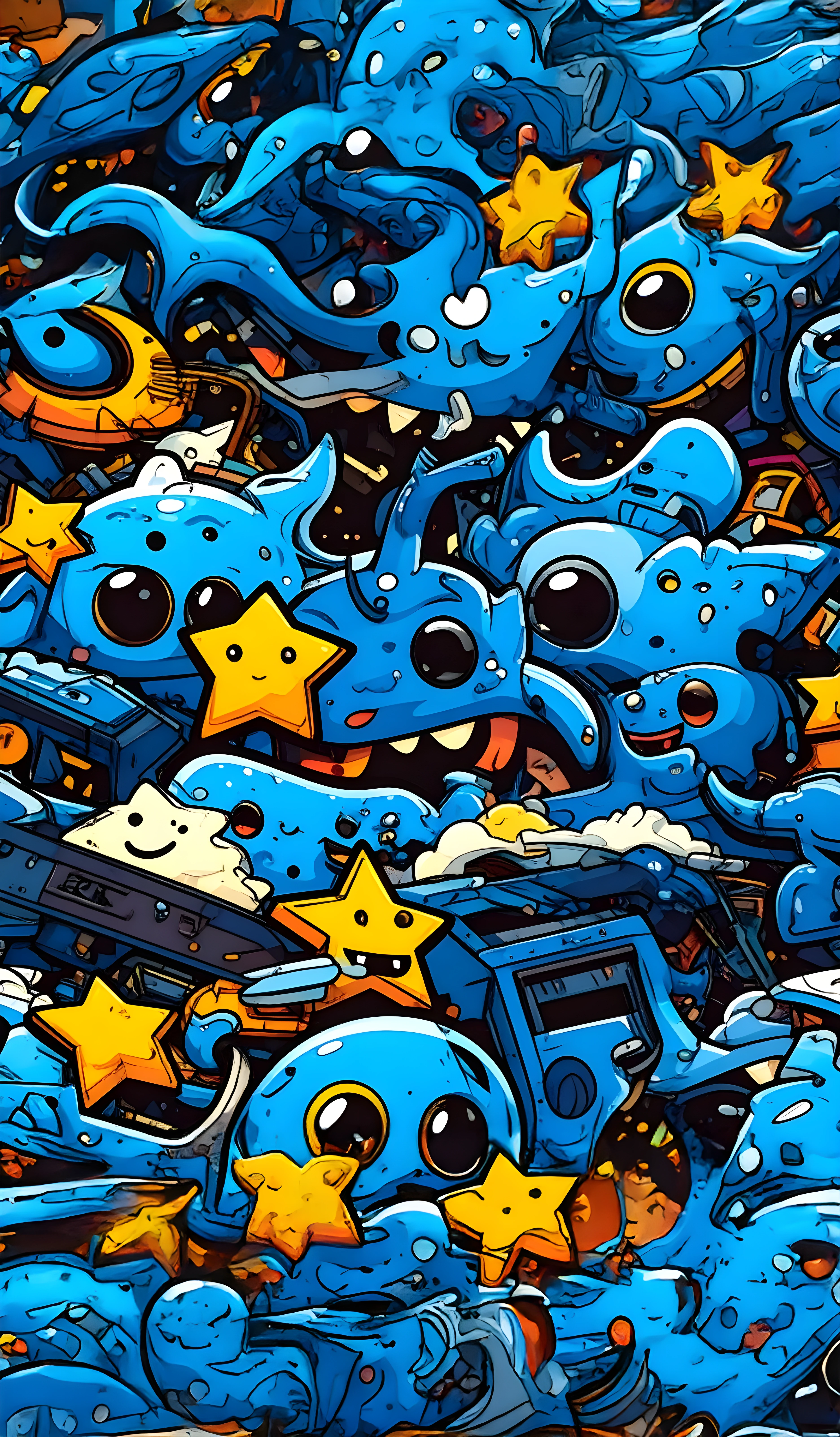 Cute Blue Doodle Monster 4K Wallpaper – Kawaii Cartoon Art Phone Background