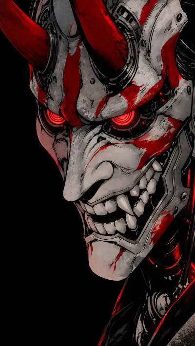 Cyberpunk Hannya Oni Mask Red Horns 4K Wallpaper
