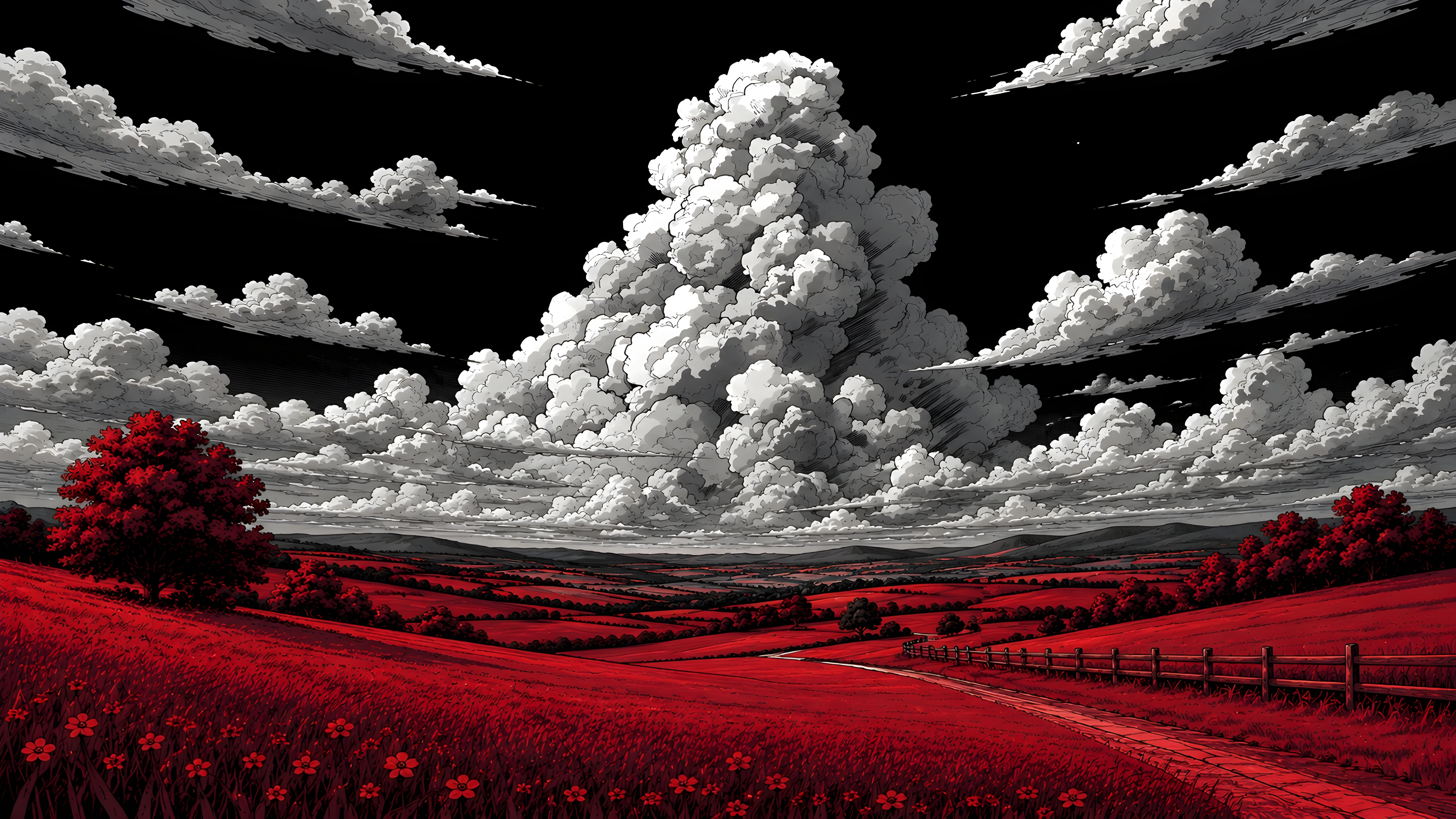 Dark Anime Landscape 4K Wallpaper – Crimson Red Field Black Sky Manga Art