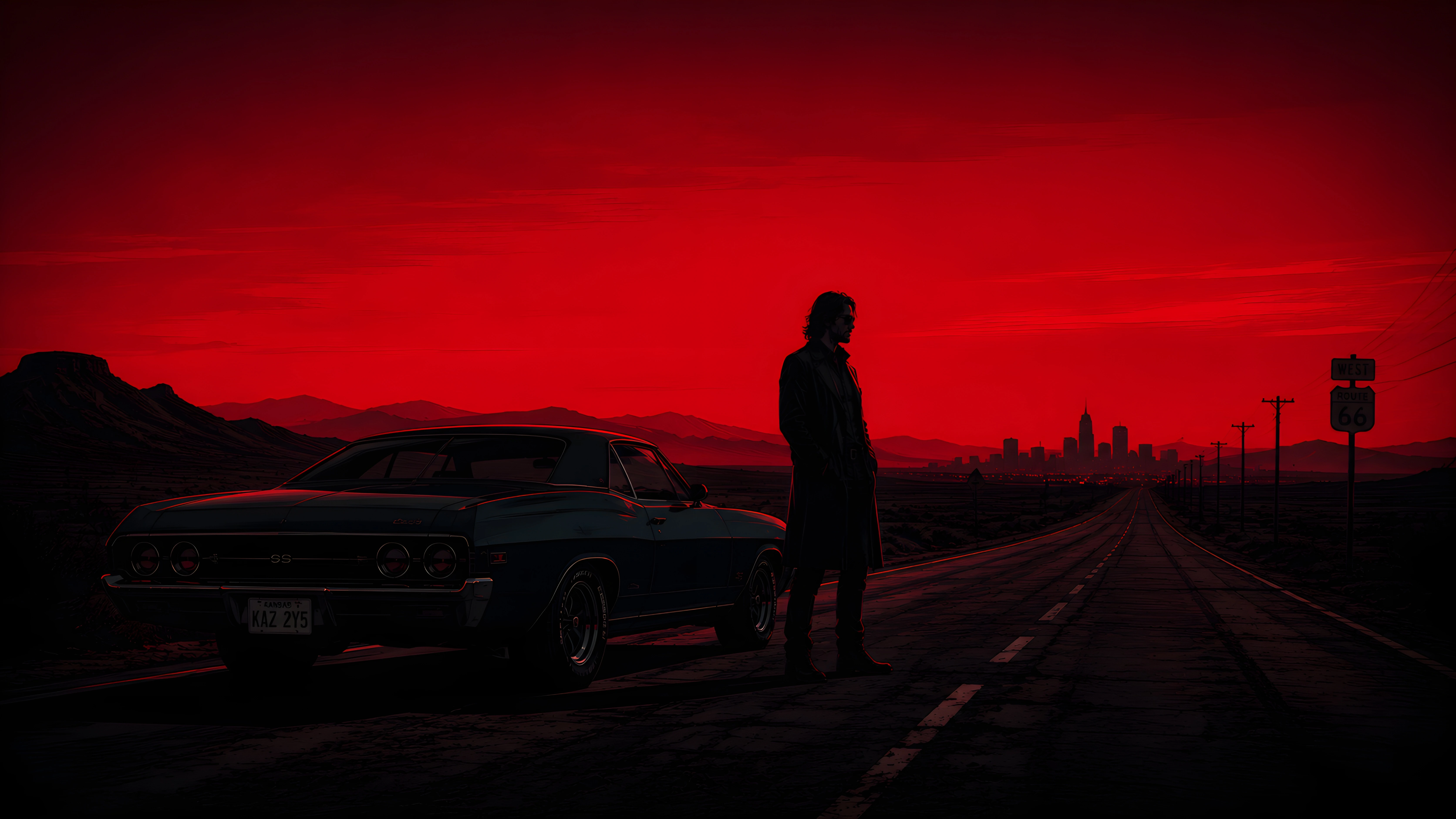Dean Winchester Silhouette Red Sky Desert Road Wallpaper – Dark Cinematic 4K