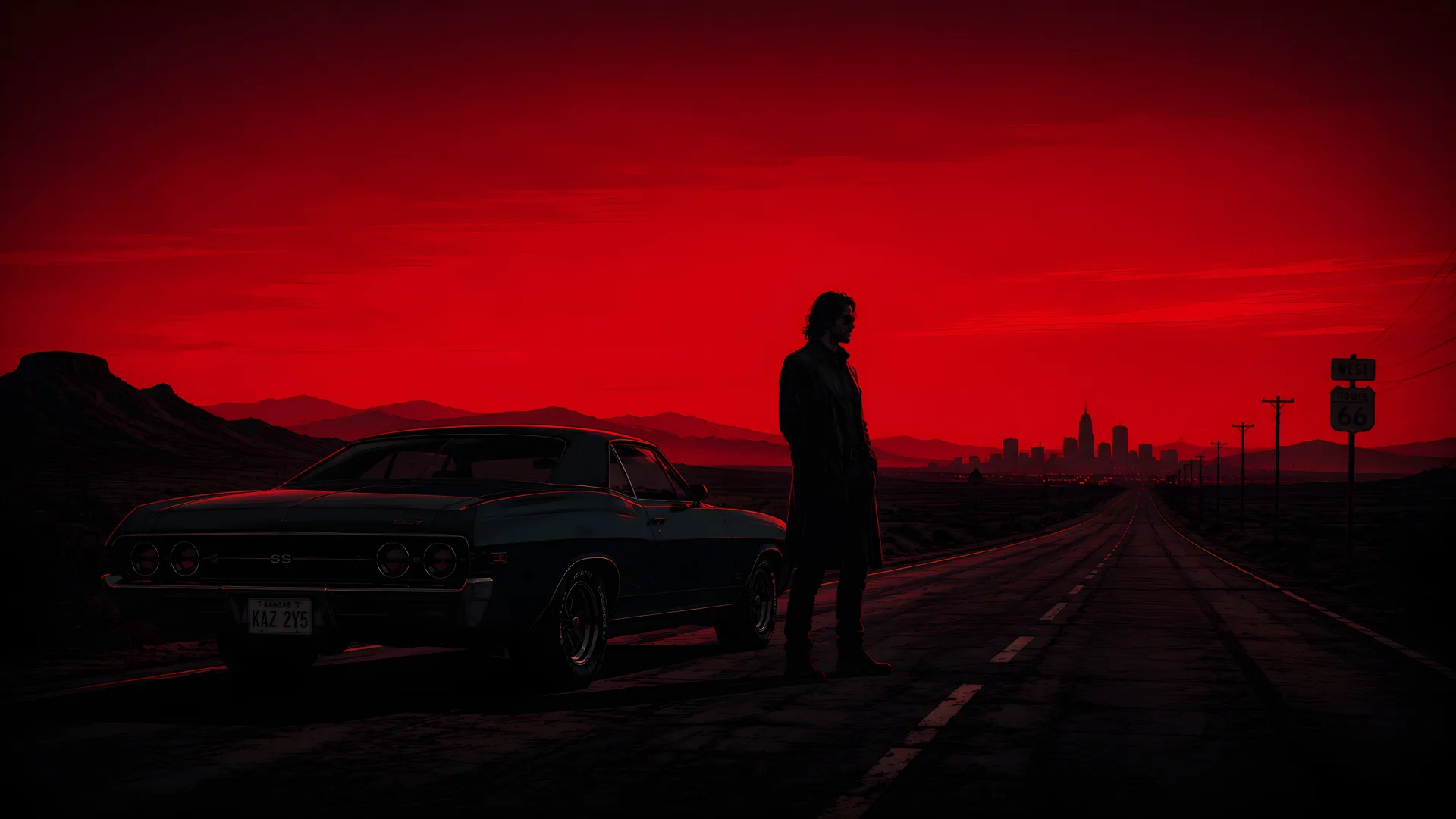 Dean Winchester Silhouette Red Sky Desert Road Wallpaper – Dark Cinematic 4K