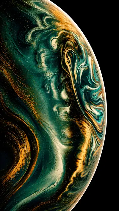Emerald Gold Fluid Sphere 4K Wallpaper – Abstract Marble Planet