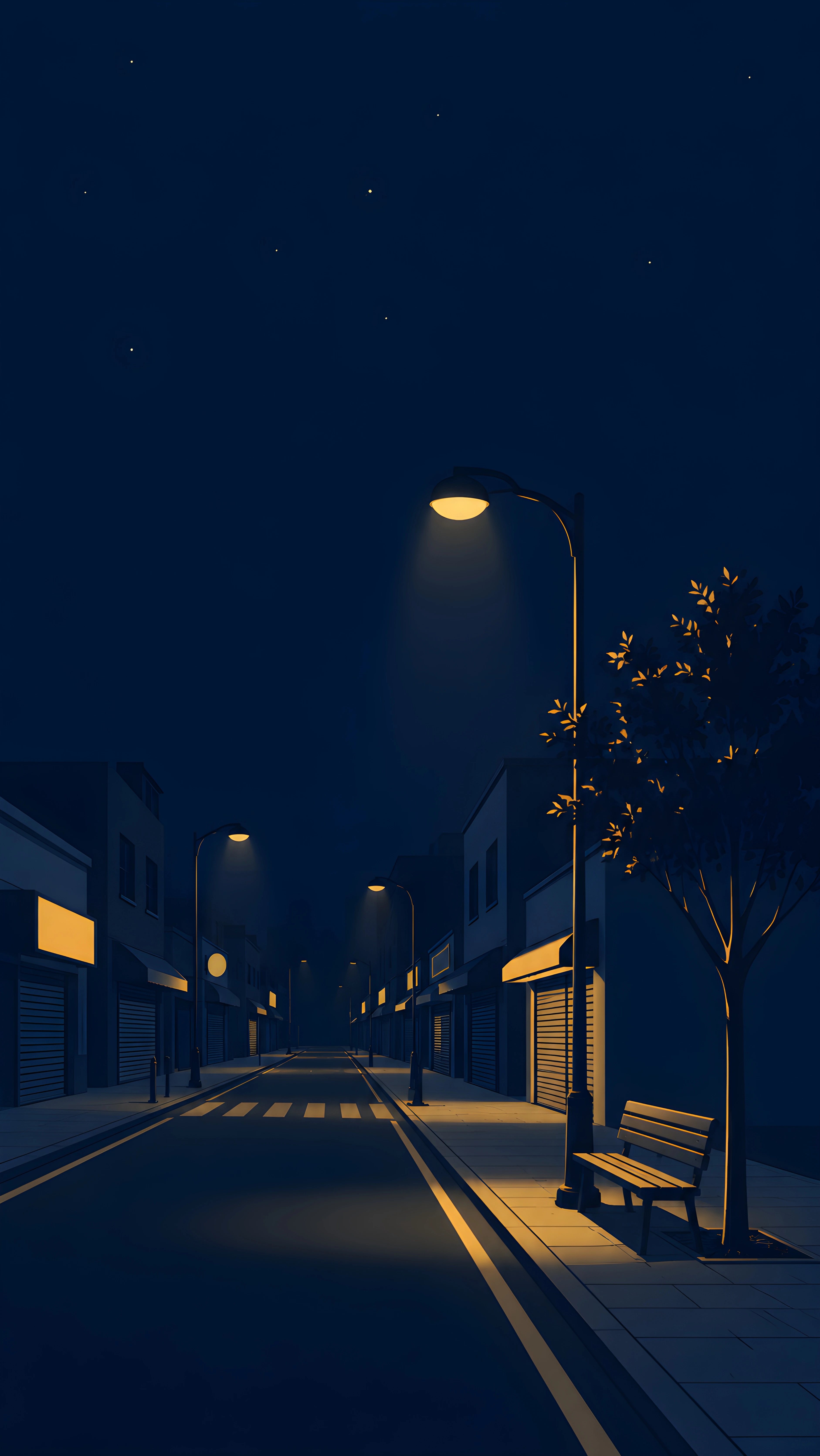 Empty Night Street with Glowing Streetlamps – Minimal 4K Wallpaper