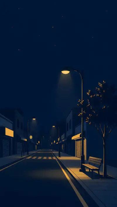 Empty Night Street with Glowing Streetlamps – Minimal 4K Wallpaper
