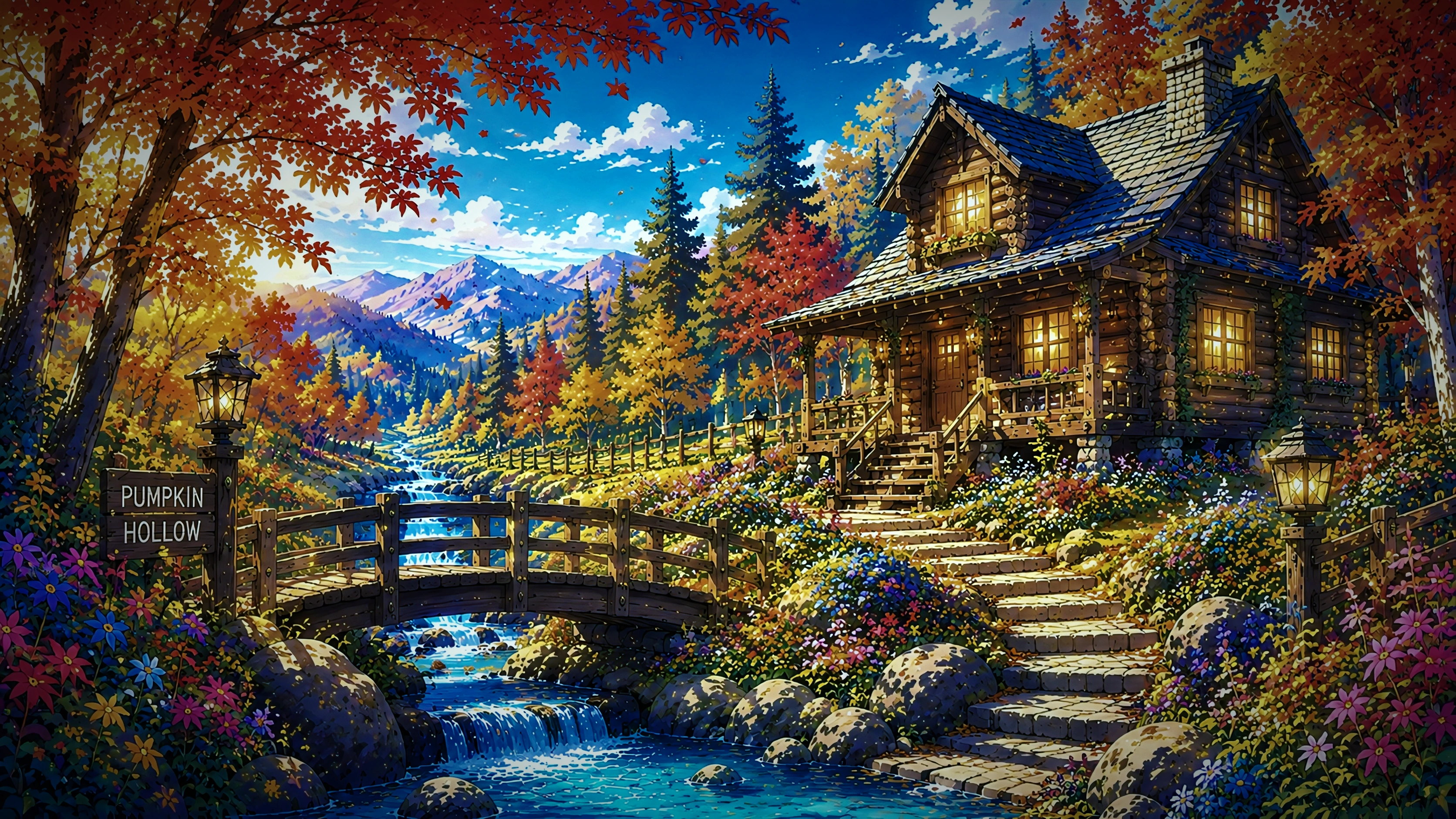 Enchanted Forest Cabin 4K Wallpaper — Anime Fantasy Autumn Cottage 4K Wallpaper — WallNest HD AI
