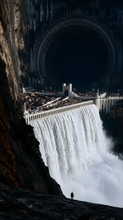 Epic Fantasy Dam Waterfall Portal City 4K Wallpaper