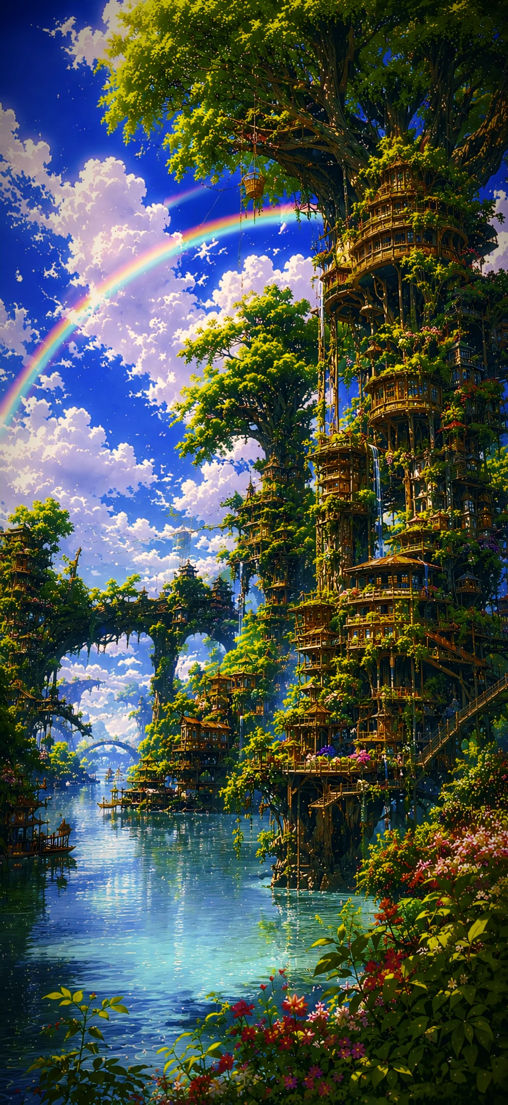Fantasy Forest Tower Wallpaper 4K – Anime Treehouse City with Rainbow & River 4K Wallpaper — WallNest HD AI