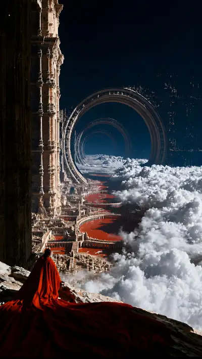 Fantasy Sky City Crimson Rivers Red Robe Wallpaper