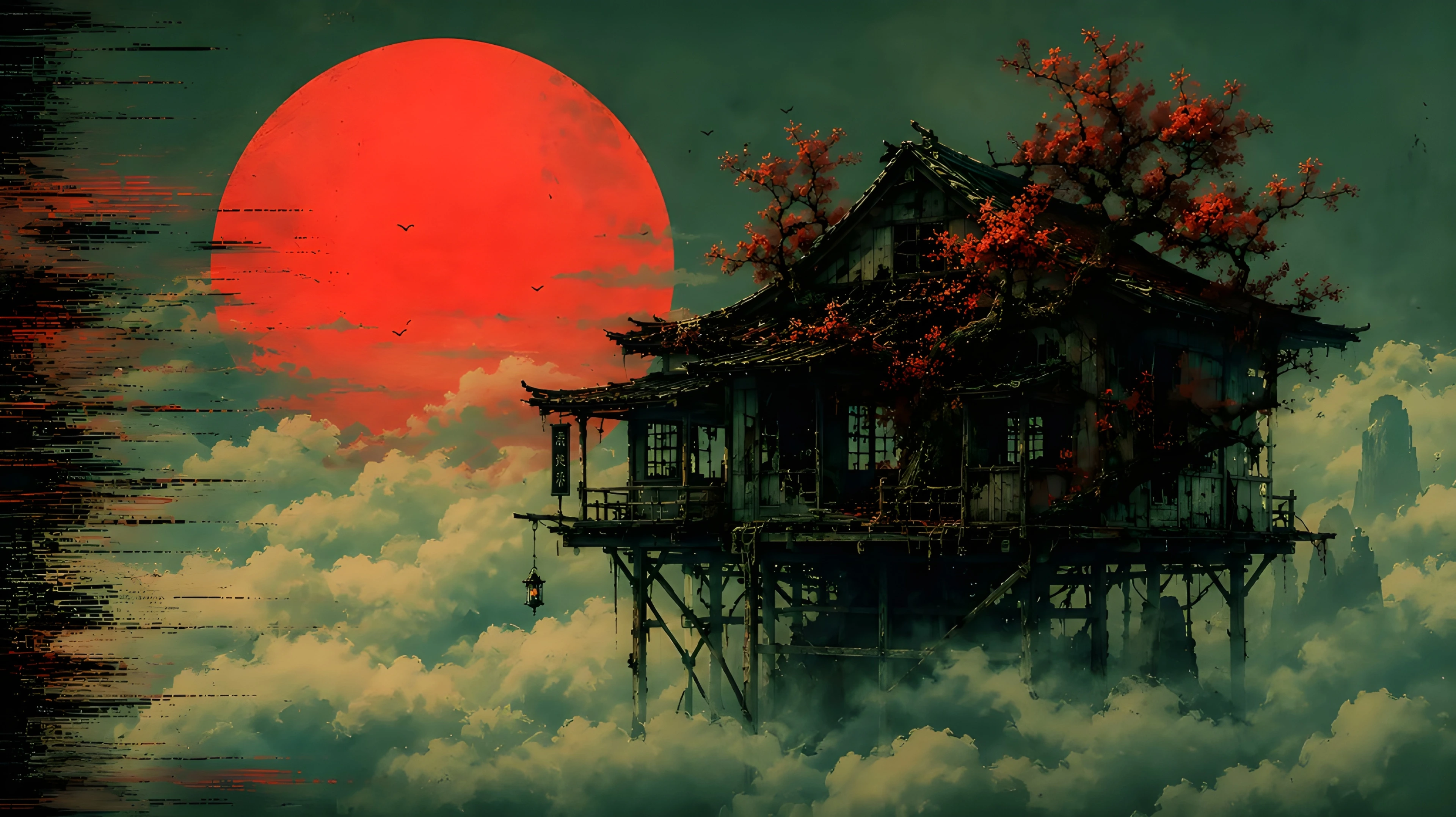 Floating Wooden House Red Sun Lo-Fi Art 4K Wallpaper