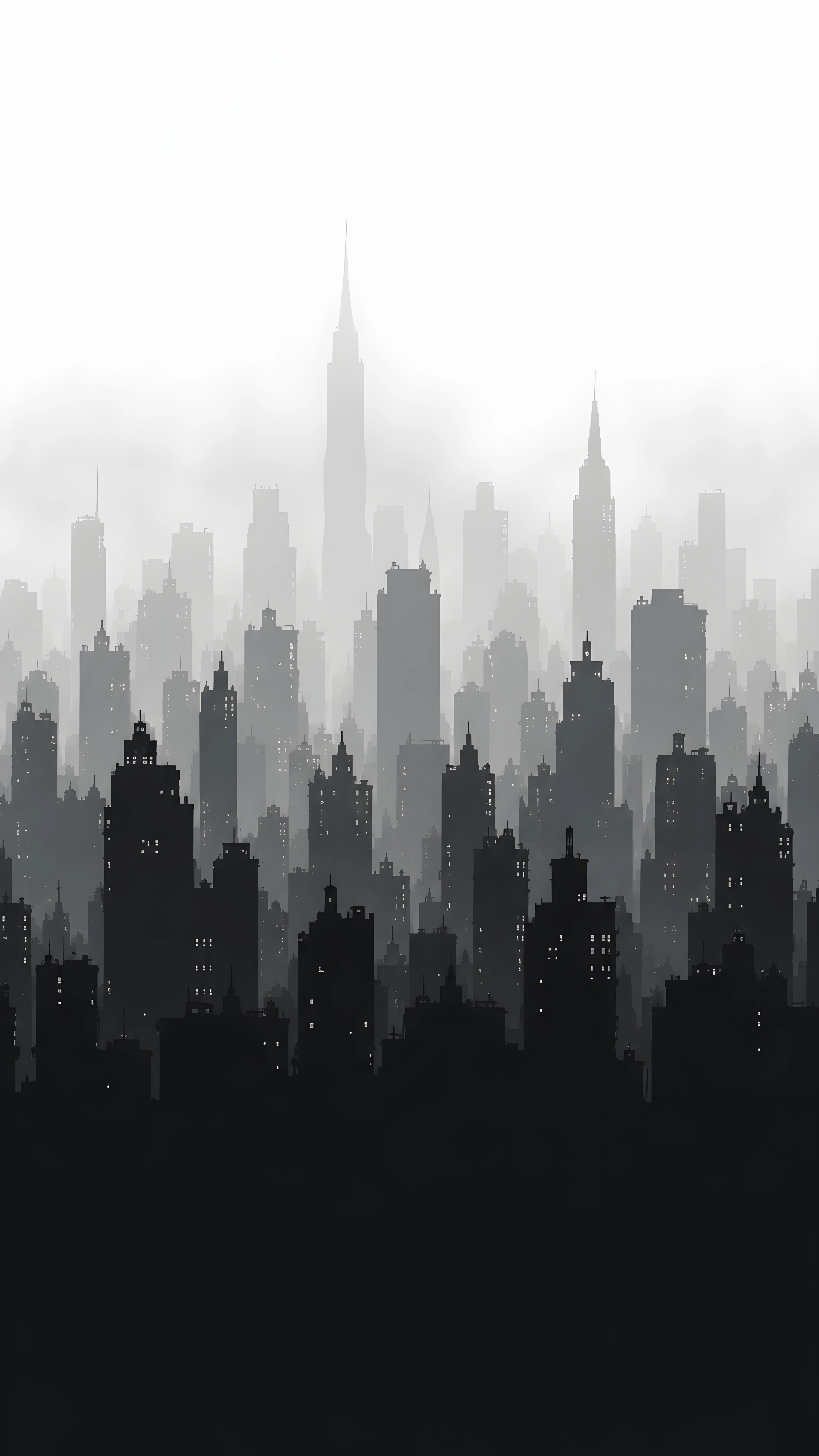 Foggy City Silhouette 4K Wallpaper – Minimalist Black White Skyline Art
