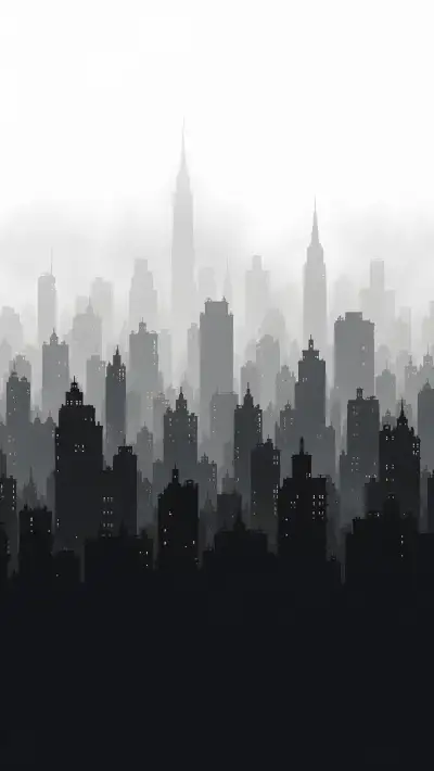 Foggy City Silhouette 4K Wallpaper – Minimalist Black White Skyline Art
