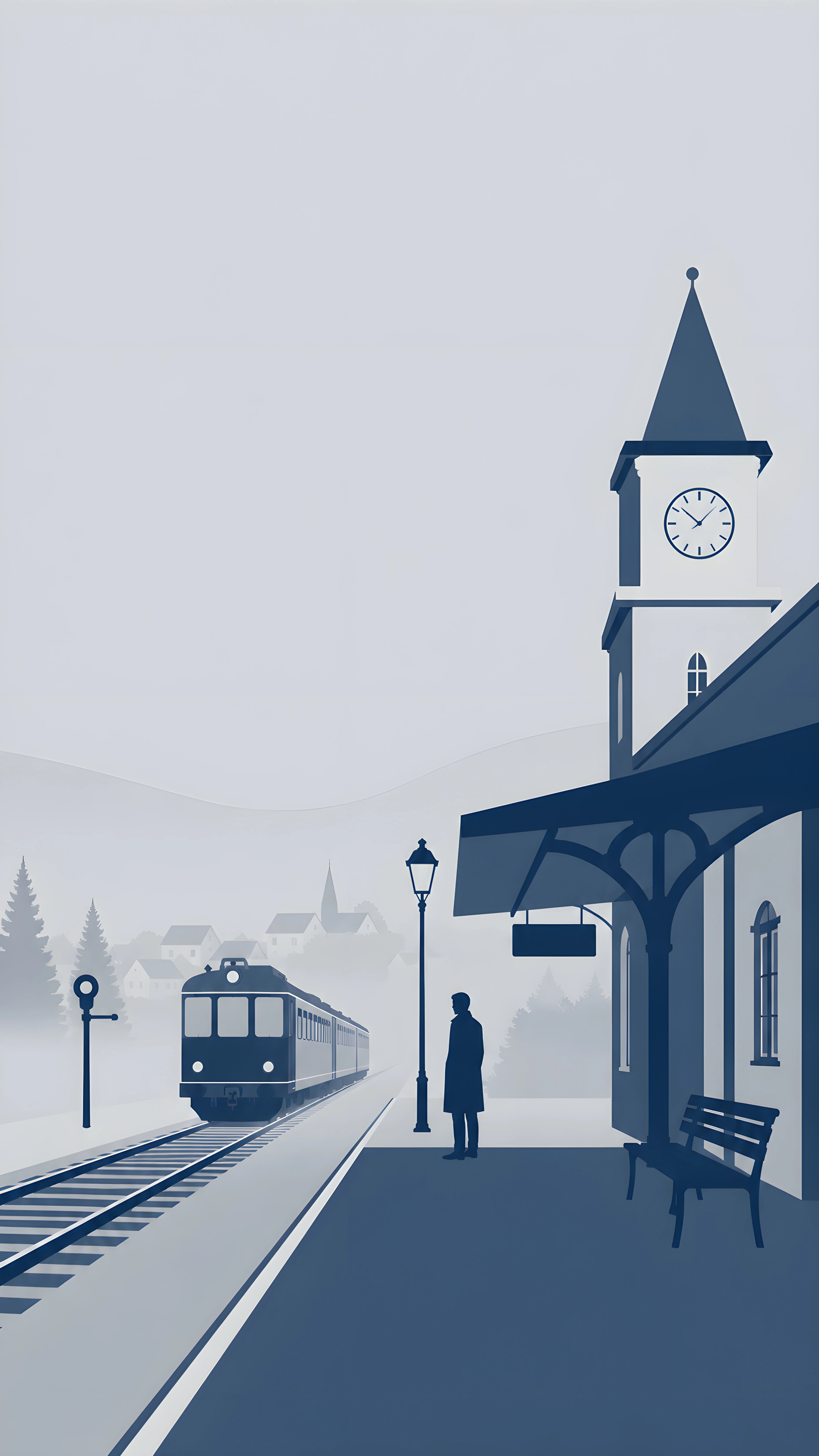 Foggy Train Station with Clock Tower – Minimal 4K Wallpaper