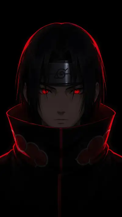 Front Portrait Red Glow 4K Wallpaper – Itachi Uchiha Symmetrical Stare
