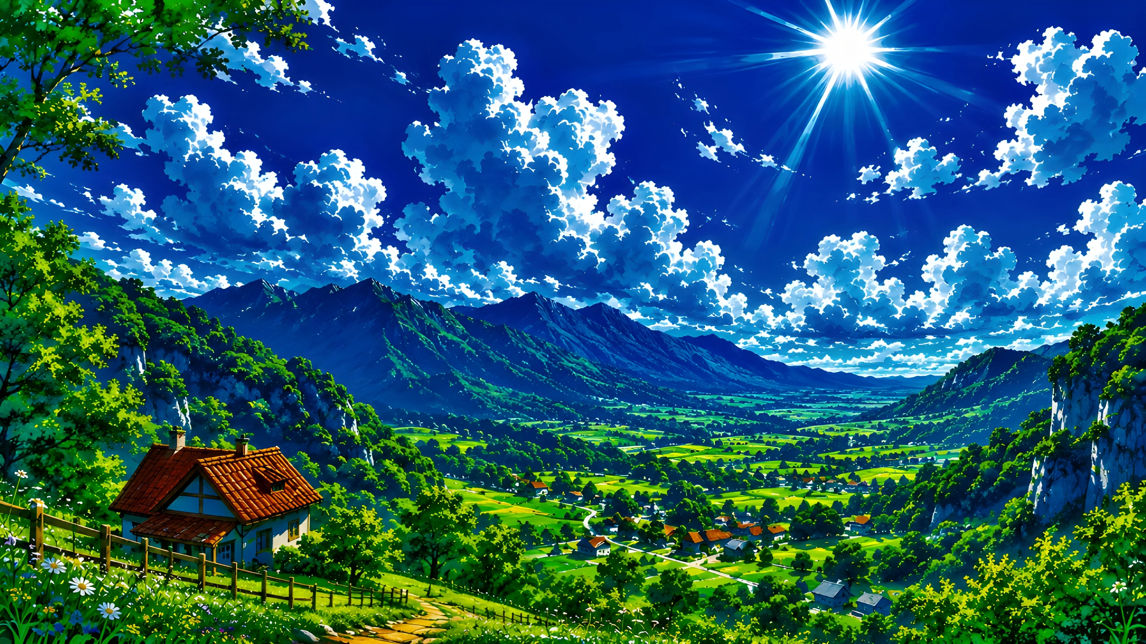 Ghibli-Style Anime Village Valley Wallpaper 4K – Sunny Mountain Landscape