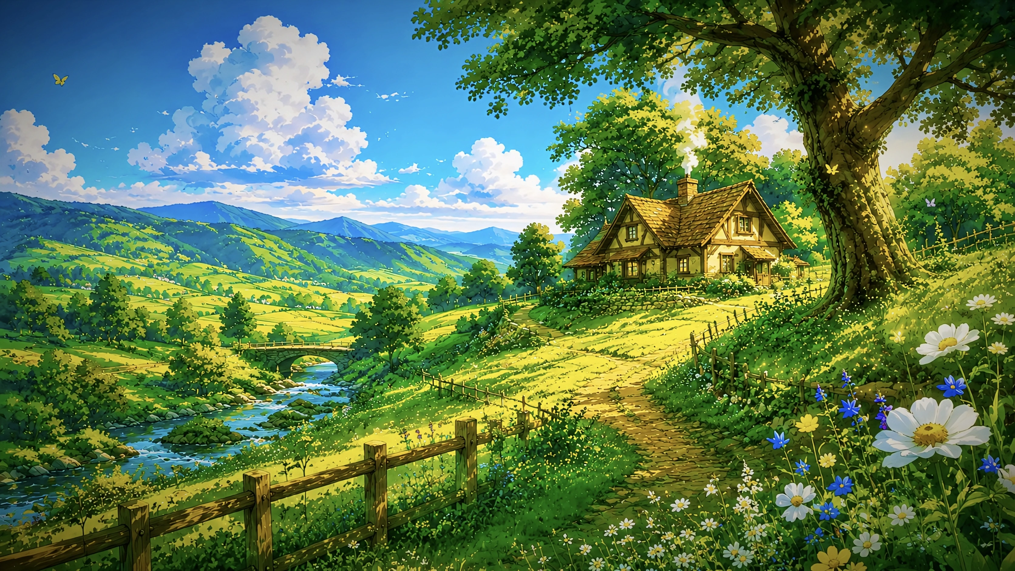 Ghibli Style Countryside Wallpaper 4K Cottage Green Hills Anime Landscape